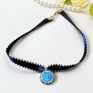 Satin Black Ribbon Choker Necklace with Blue Cat Cameo Pendant